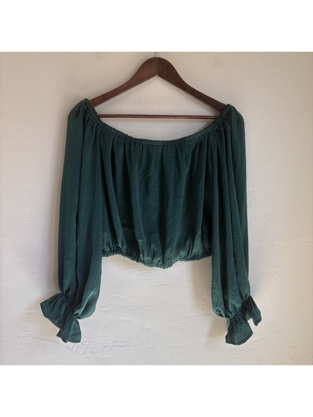 She + Sky Womens Large Forest Green Off The Shoulder Top Long Sleeve Ruffle L